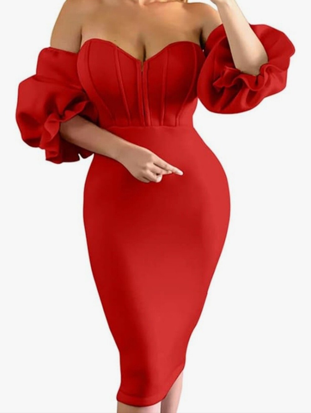 Red Corset Midi Dress Off Shoulder Puff Sleeve Bodycon Women’s Size M